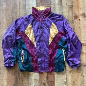 Vintage Athletic Works Colorblock Nylon Windbreaker Jacket XL Purple Gold Green